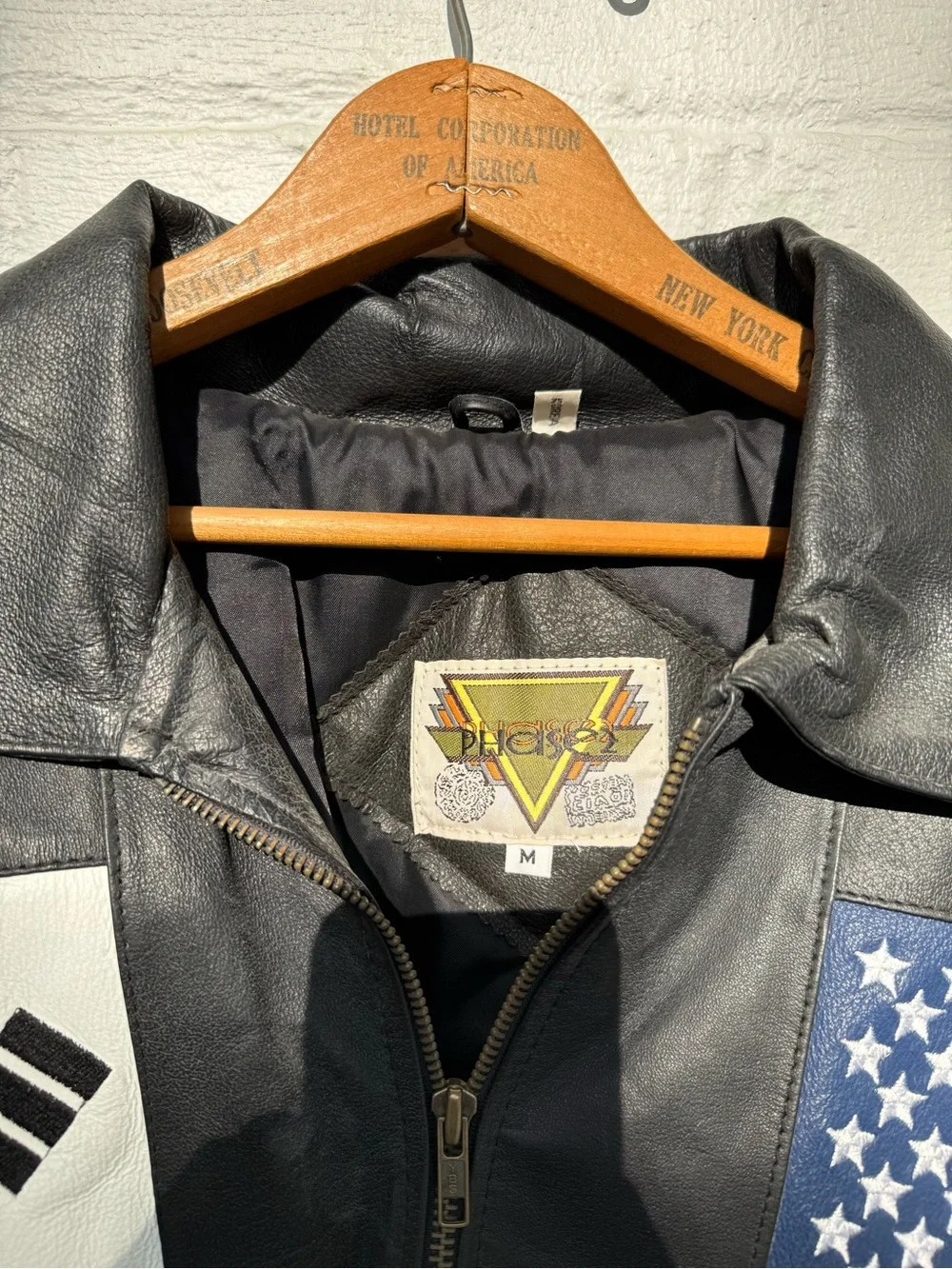 NWT PHASE 2 Vintage 90s Leather Bomber Jacket International Flag Hip Hop Medium
